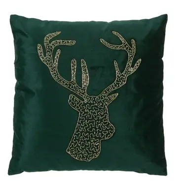 Green Velvet w-Bead Reindeer Cushion 45 x 45cm  - image 1