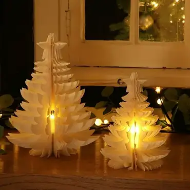 Set Of 2 Cream Paper Tree With Flickering Effect Tealight - 22cm & 30cm - image 2